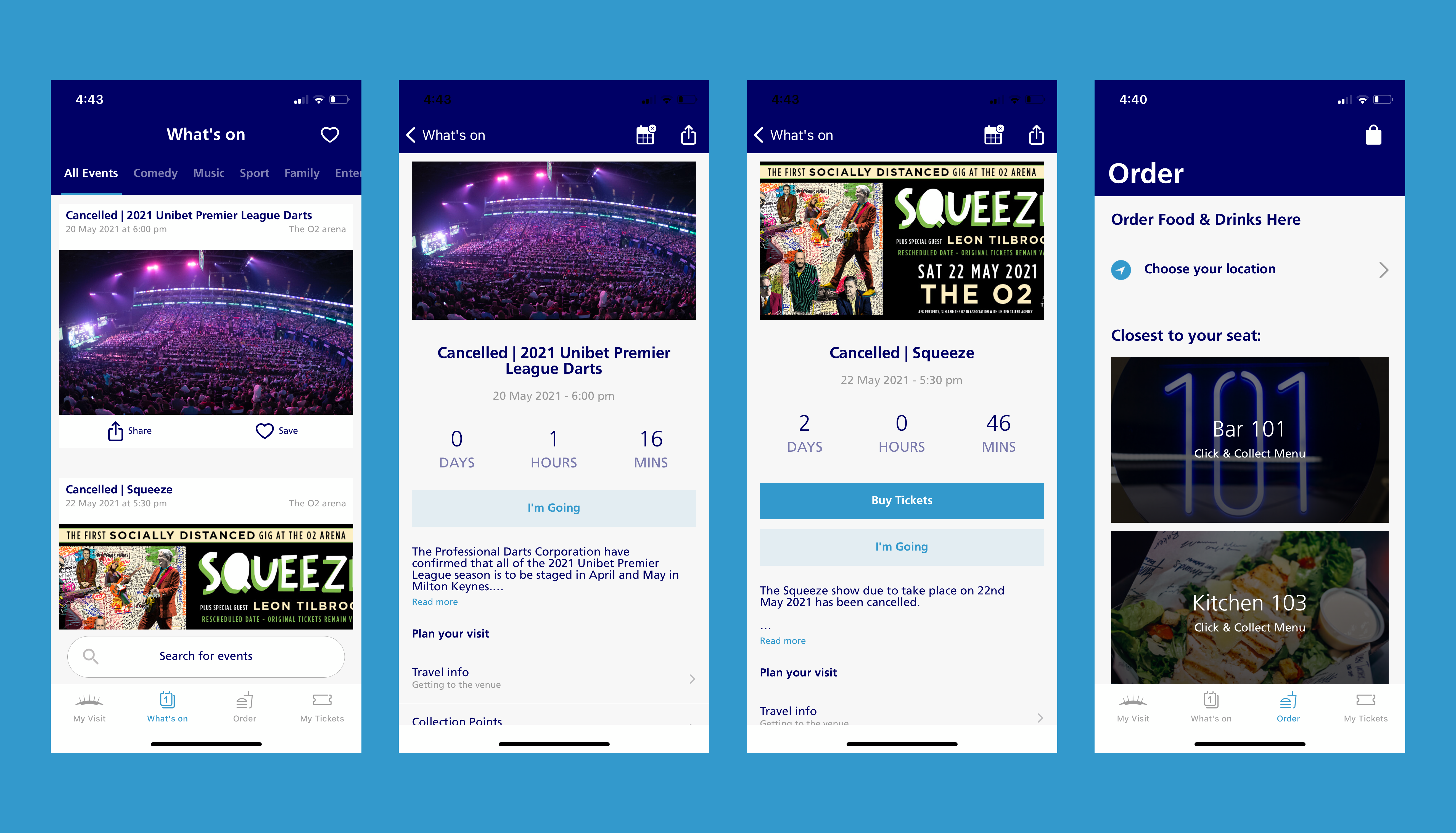 The O2 app with the final food and drink ordering flow